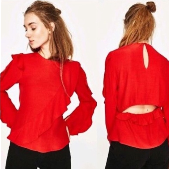 Zara Tops - Zara Red Frill Open Back Long sleeve Blouse Top